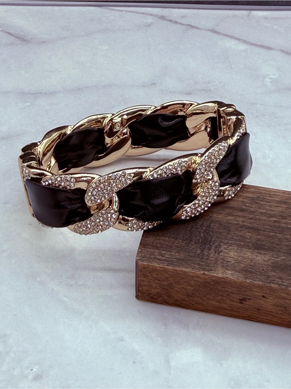 Gold-Tone Bangle Bracelet with Leather and Crystal Accents
